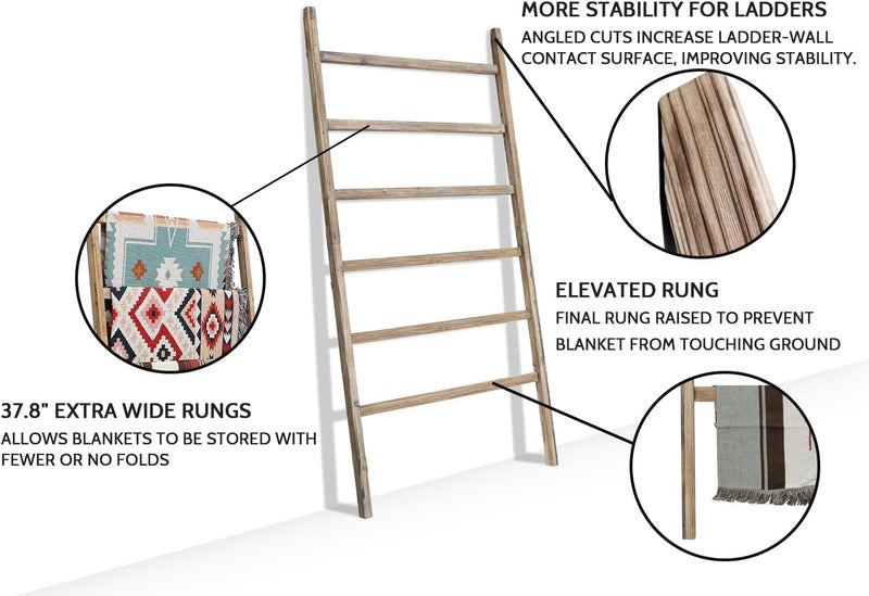 FUIN Extra Wide 6.4ft Wooden Blanket Ladder Living Room Decorative Wal Leaning Farmhouse Quilt Display Holder Rustic Wood Towel Rack for Bathroom, Burnt Brown, 38 inch Wide - Image 2